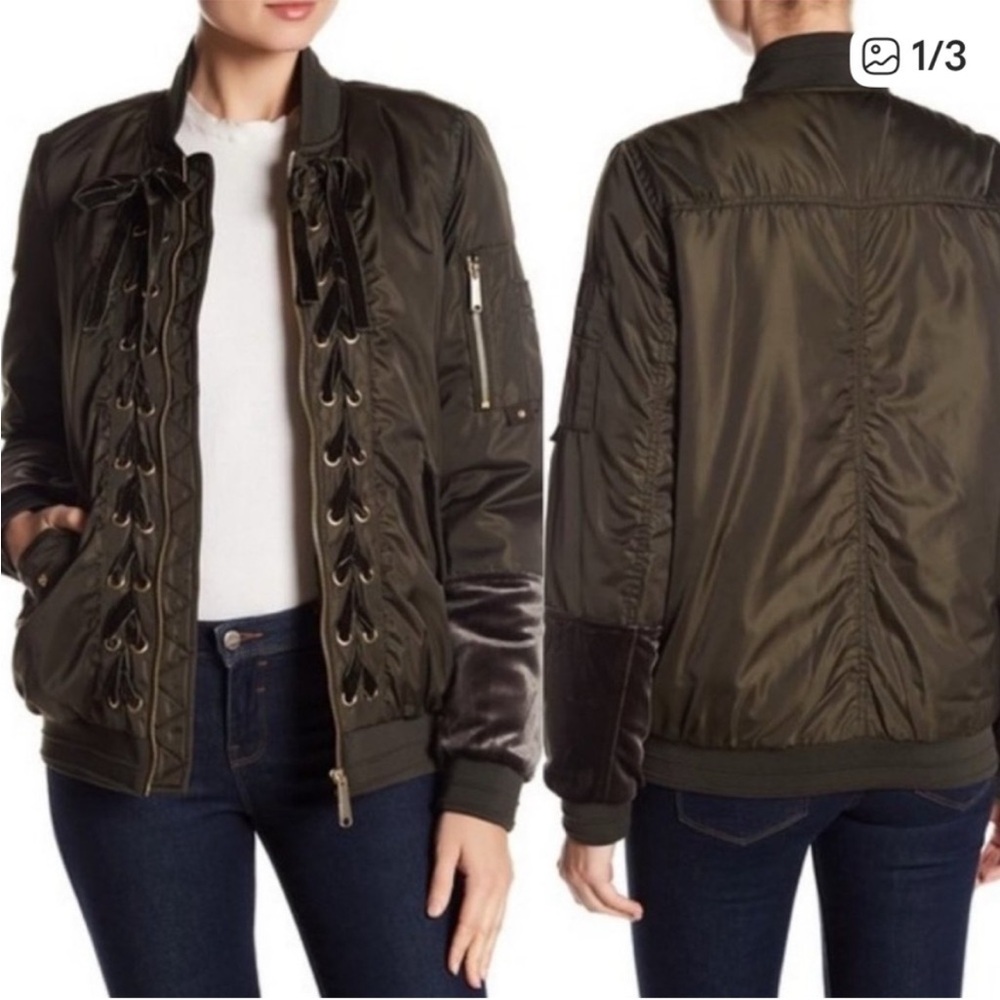 Sam Edelman Black Bomber Puffer Jacket with Lace-Up Detail